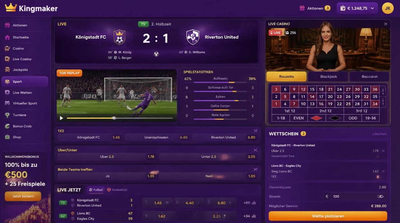 Ein Wettbild mit Live-Spiel, Tor-Symbol, Wettquoten und Live-Casino-Hintergrund