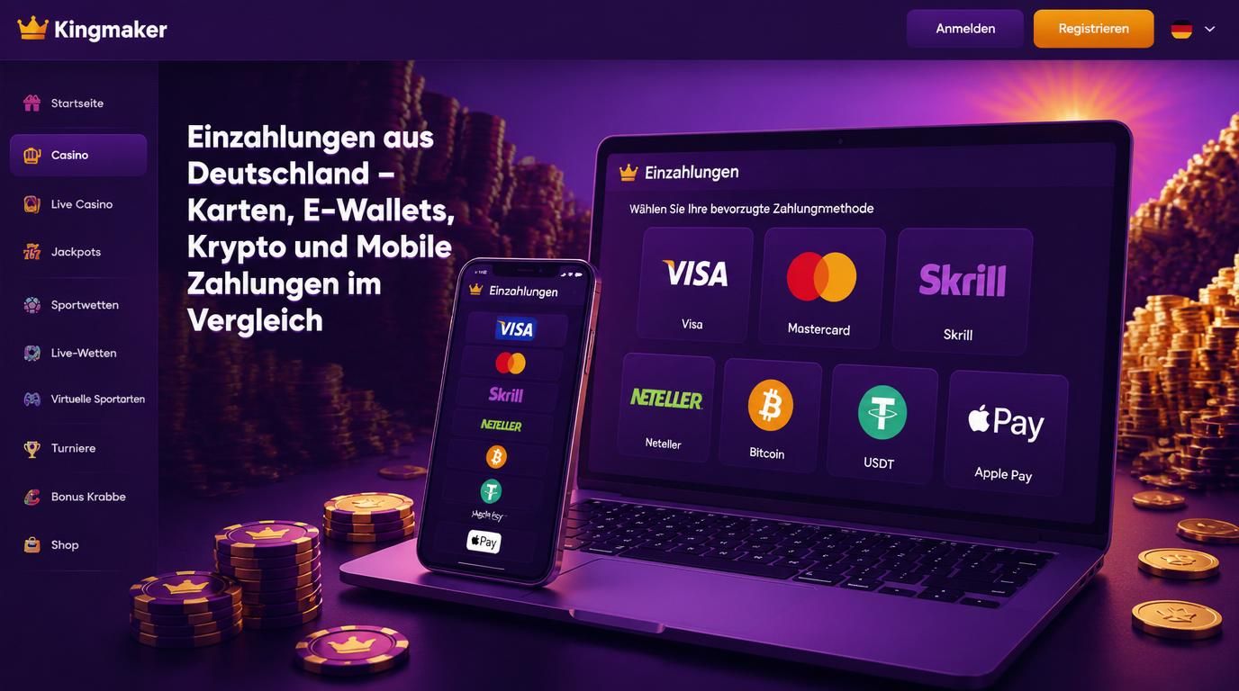 Diagramm verschiedener Einzahlungsmethoden mit Logos wie Karte, Krypto und Mobile Payment aus Deutschland.