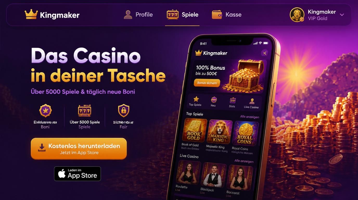 Ein iPhone zeigt den Kingmaker-Casino-Startbildschirm mit Download-Button und Shortcut‐Option