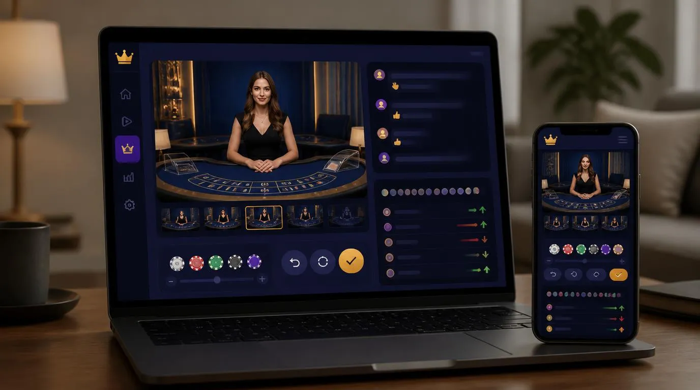 Live-Casino-Tisch mit Dealer-Stream, Chatfenster, Einsatzhistorie und klar angeordneten Wettfeldern