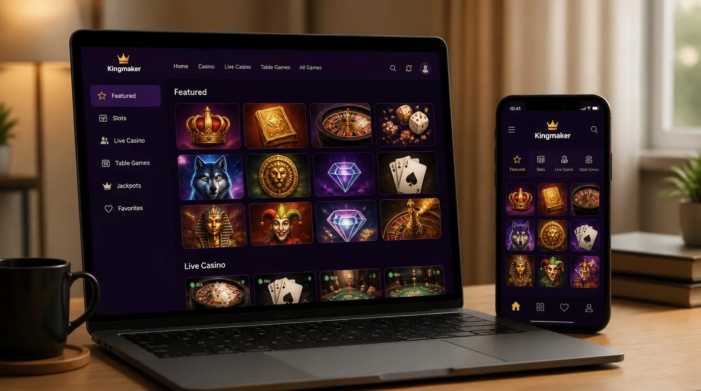 Casino-Oberfläche mit übersichtlicher Spielauswahl auf Laptop und Smartphone