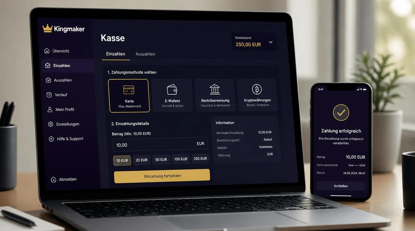 Casino-Kasse mit EUR-Konto, Kartenzahlung, E-Wallet und Kryptowährung auf einem Laptop