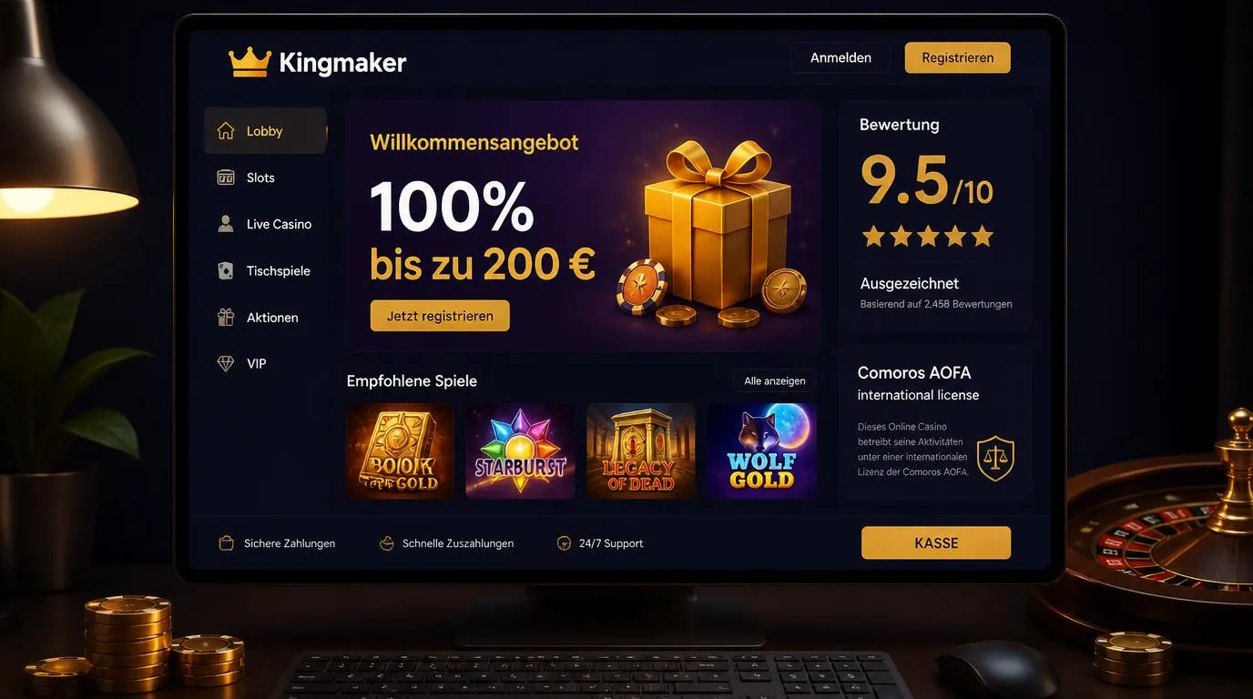 Casino-Oberfläche mit Gesamtwertung, Willkommensangebot und Hinweis auf die Lizenz aus den Komoren